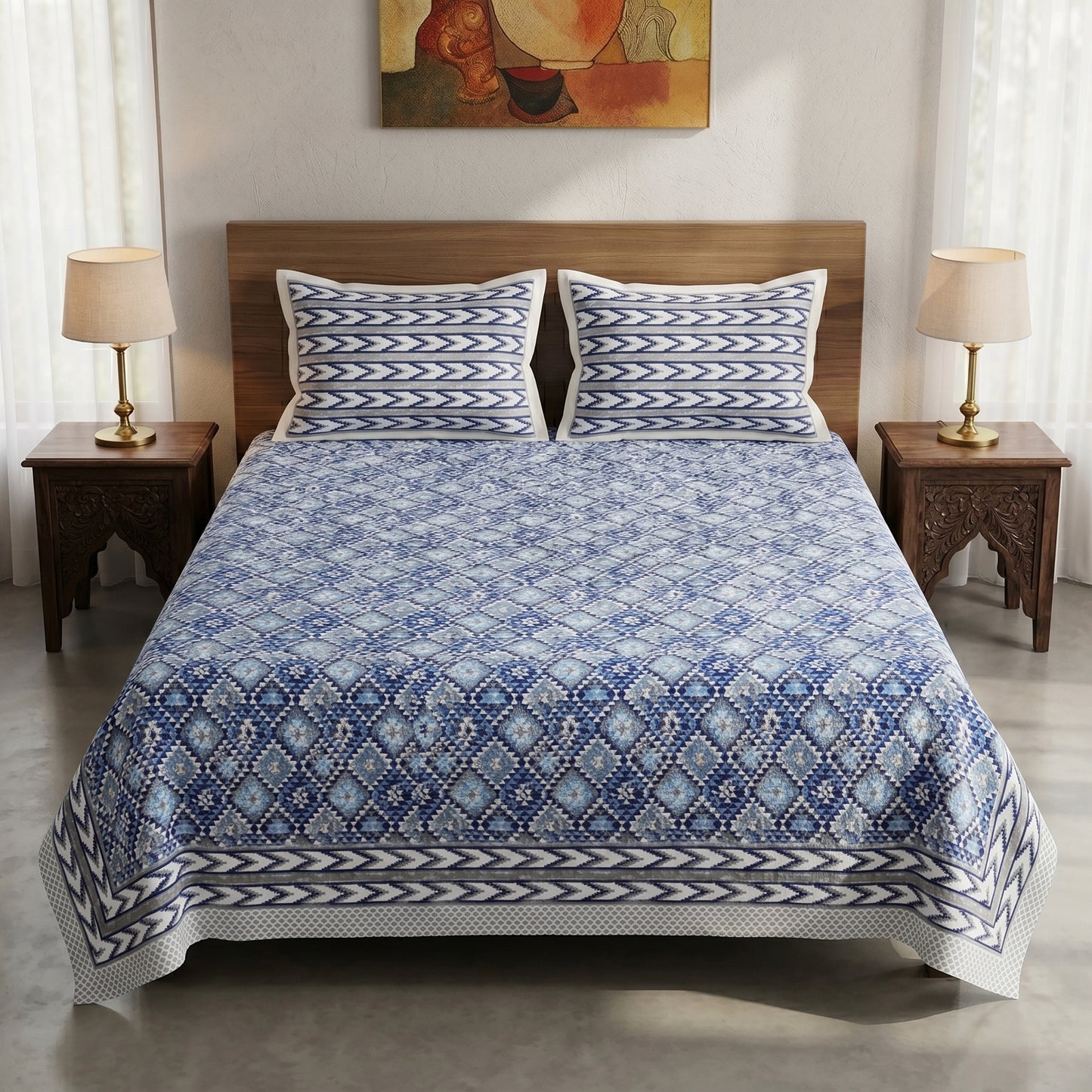 Heritage 144 TC 100% Cotton Queen Size Bedsheet (90 x 108 Inches)| Prussian Blue