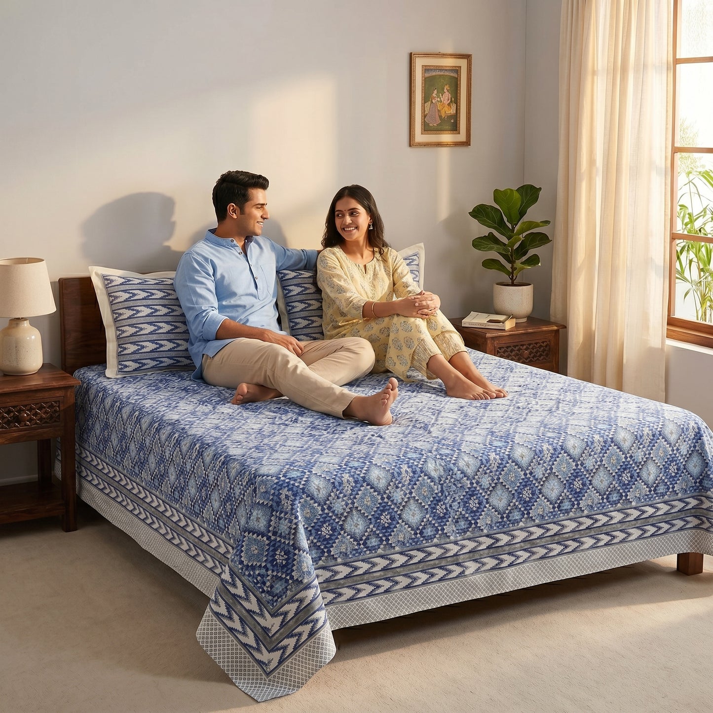Heritage 144 TC 100% Cotton Queen Size Bedsheet (90 x 108 Inches)| Prussian Blue