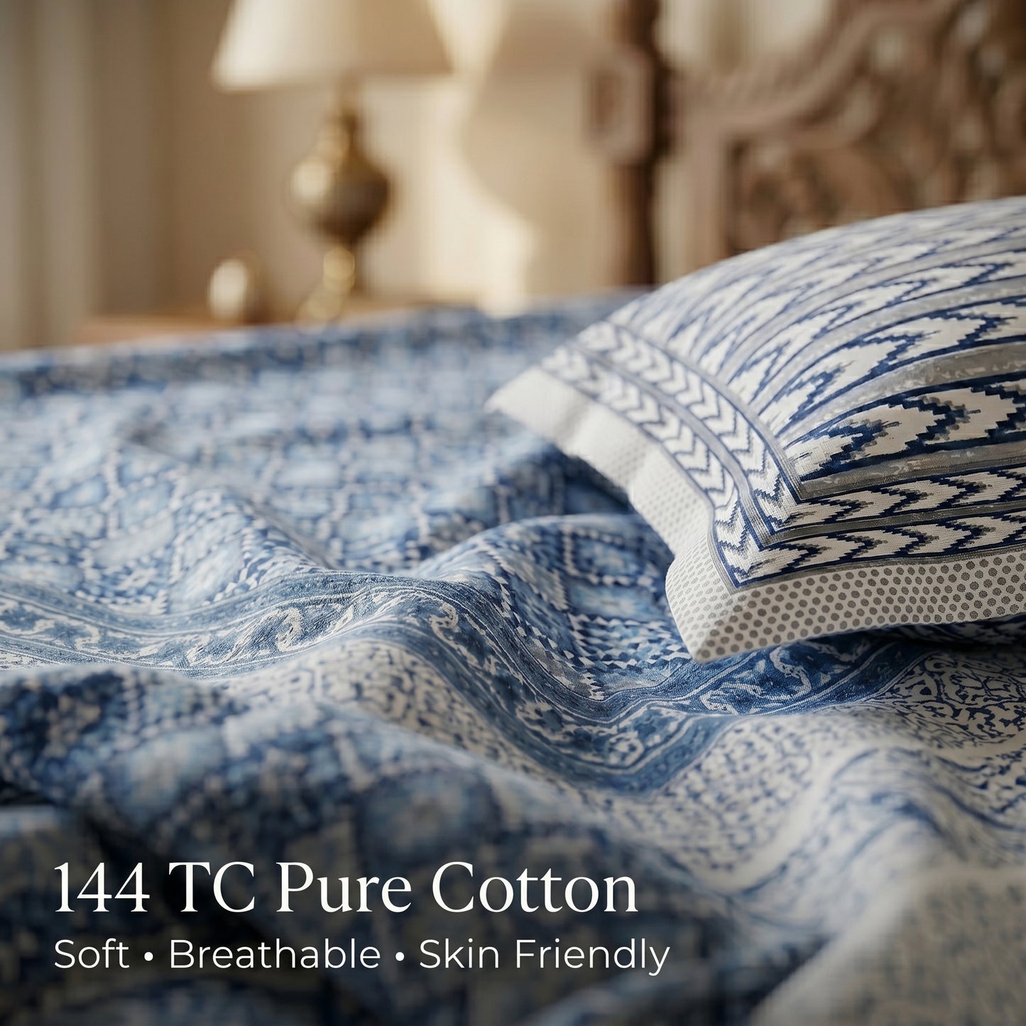 Heritage 144 TC 100% Cotton Queen Size Bedsheet (90 x 108 Inches)| Prussian Blue