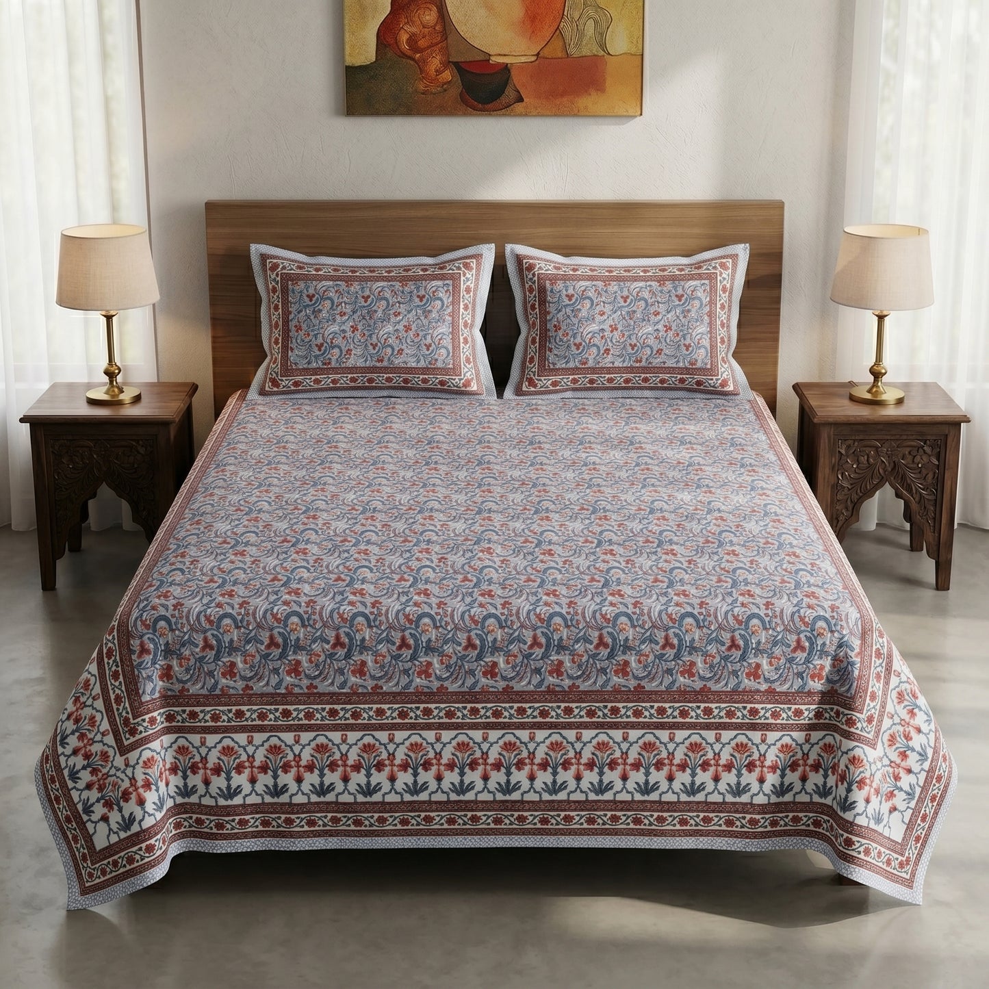 Heritage 144 TC 100% Cotton Queen Size Floral Bedsheet (90 x 108 Inches) | Tribal Multicolor