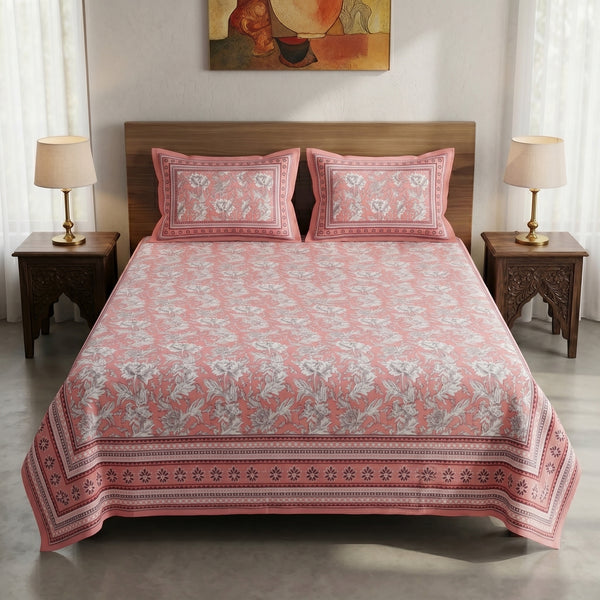 Heritage 144 TC 100% Cotton Queen Size Bedsheet (90 x 108 Inches) | Peach Nude
