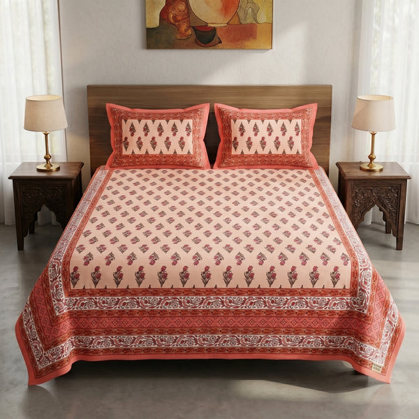 Heritage 144 TC 100% Cotton Queen Size Jaipuri Printed Bedsheet (90 x 108 Inches) | Garnet Red