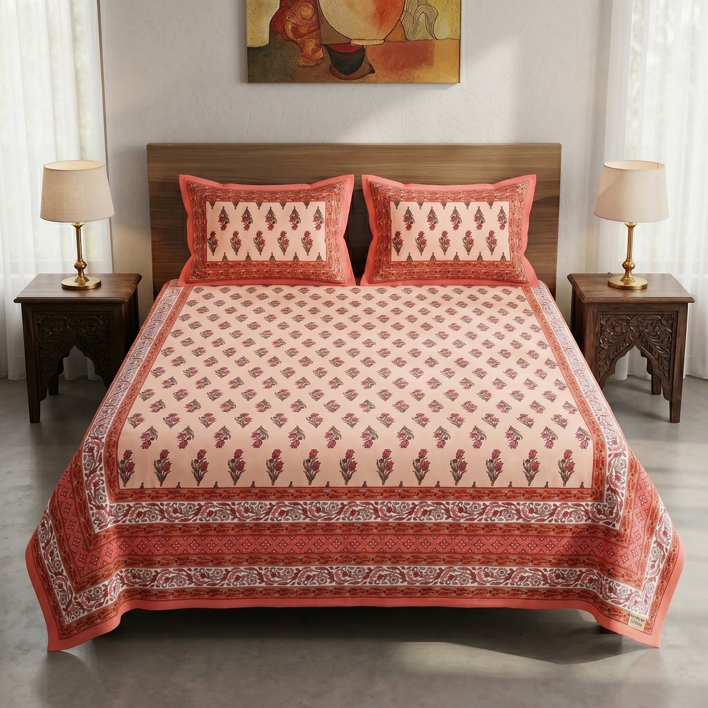 Heritage 144 TC 100% Cotton Queen Size Jaipuri Printed Bedsheet (90 x 108 Inches) | Garnet Red