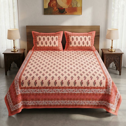 Heritage 144 TC 100% Cotton Queen Size Jaipuri Printed Bedsheet (90 x 108 Inches) | Garnet Red