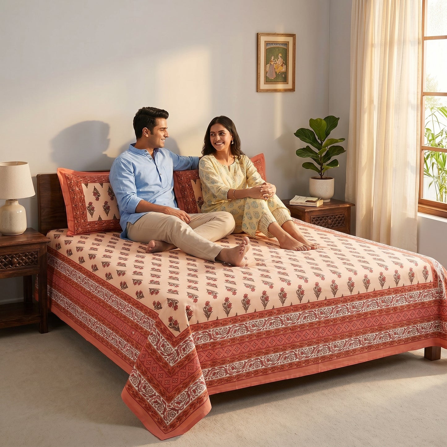 Heritage 144 TC 100% Cotton Queen Size Jaipuri Printed Bedsheet (90 x 108 Inches) | Garnet Red