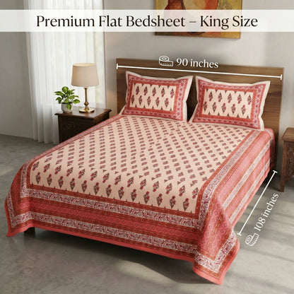 Heritage 144 TC 100% Cotton Queen Size Jaipuri Printed Bedsheet (90 x 108 Inches) | Garnet Red