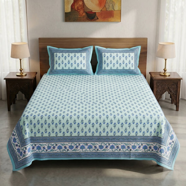 Heritage 144 TC 100% Cotton Queen Size Bedsheet (90 x 108 Inches) | Glacier Blue