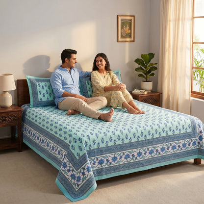 Heritage 144 TC 100% Cotton Queen Size Bedsheet (90 x 108 Inches) | Glacier Blue