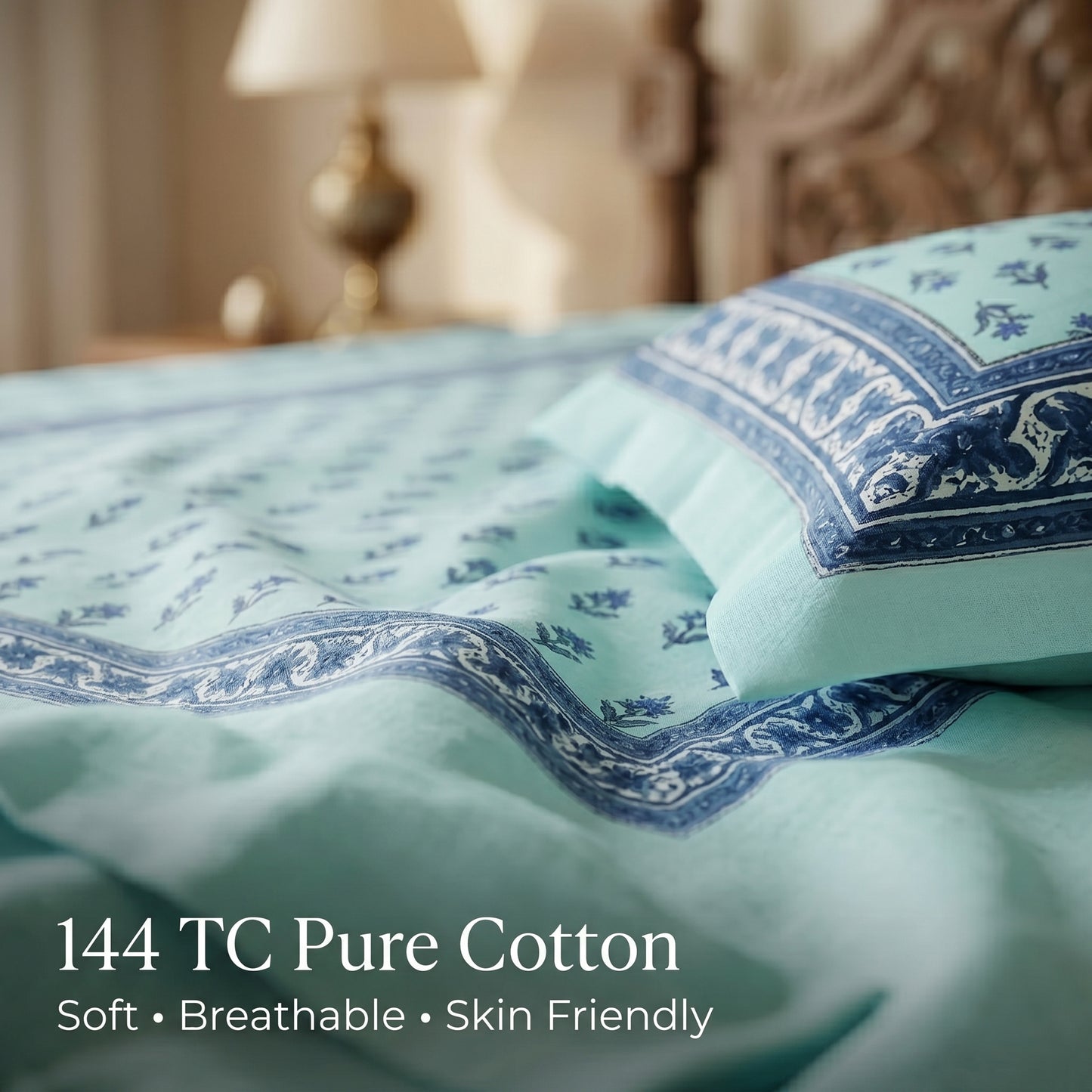 Heritage 144 TC 100% Cotton Queen Size Bedsheet (90 x 108 Inches) | Glacier Blue