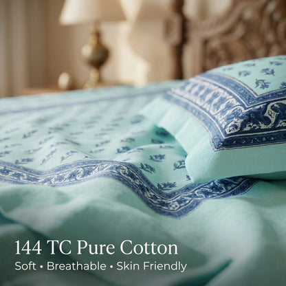 Heritage 144 TC 100% Cotton Queen Size Bedsheet (90 x 108 Inches) | Glacier Blue