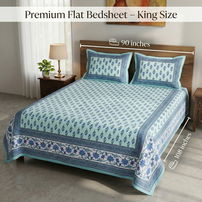 Heritage 144 TC 100% Cotton Queen Size Bedsheet (90 x 108 Inches) | Glacier Blue