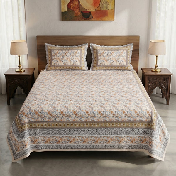 Heritage 144 TC 100% Cotton Queen Size Designer Bedsheet (90 x 108 Inches) | Satin Gold