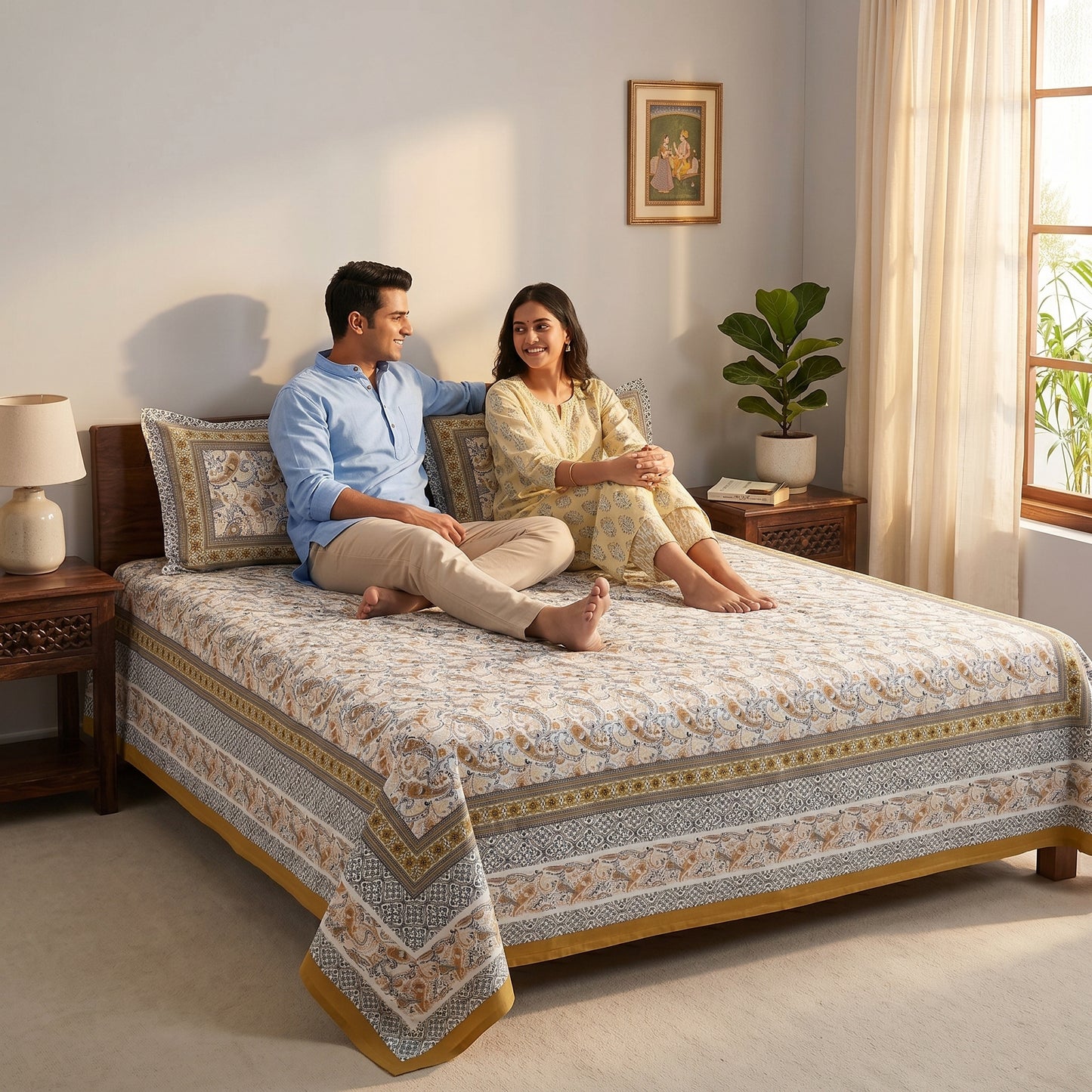 Heritage 144 TC 100% Cotton Queen Size Designer Bedsheet (90 x 108 Inches) | Satin Gold