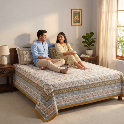 Heritage 144 TC 100% Cotton Queen Size Designer Bedsheet (90 x 108 Inches) | Satin Gold