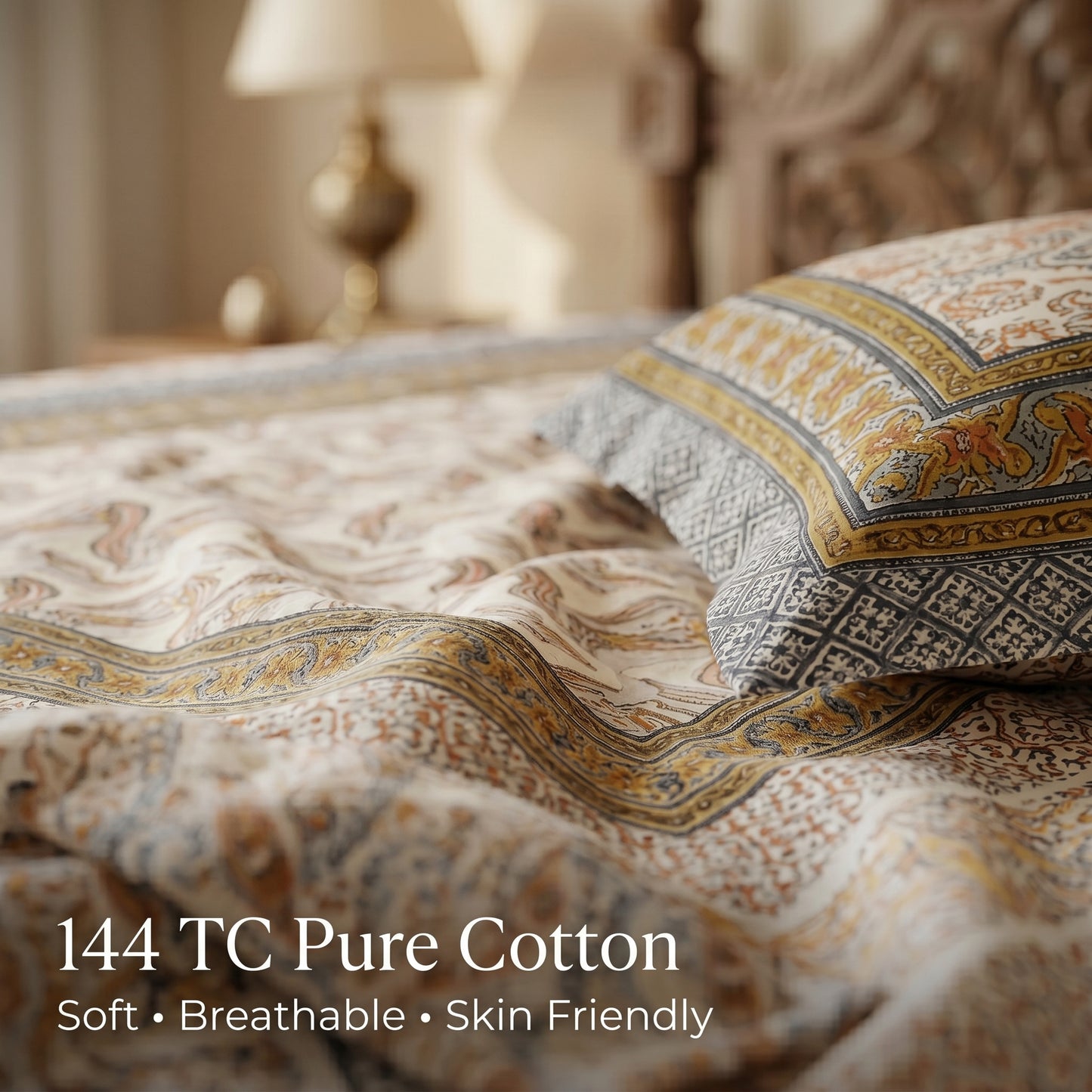 Heritage 144 TC 100% Cotton Queen Size Designer Bedsheet (90 x 108 Inches) | Satin Gold