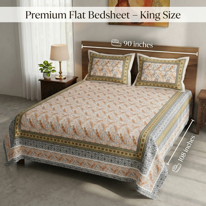 Heritage 144 TC 100% Cotton Queen Size Designer Bedsheet (90 x 108 Inches) | Satin Gold