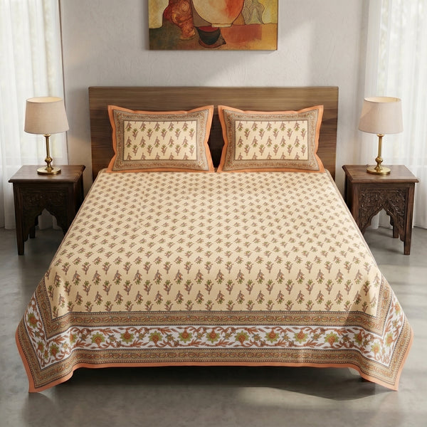 Heritage 144 TC 100% Cotton Queen Size Jaipuri Printed Bedsheet (90 x 108 Inches) | Copper Orange