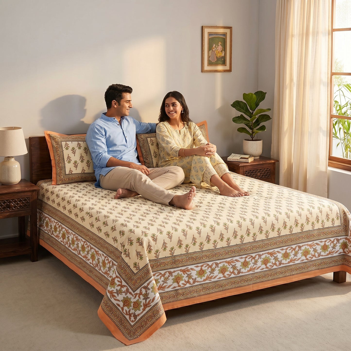 Heritage 144 TC 100% Cotton Queen Size Jaipuri Printed Bedsheet (90 x 108 Inches) | Copper Orange