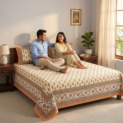 Heritage 144 TC 100% Cotton Queen Size Jaipuri Printed Bedsheet (90 x 108 Inches) | Copper Orange
