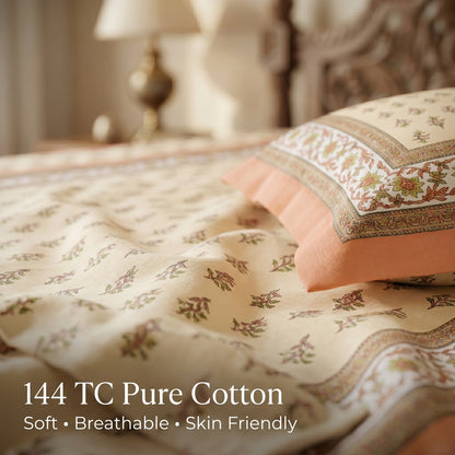 Heritage 144 TC 100% Cotton Queen Size Jaipuri Printed Bedsheet (90 x 108 Inches) | Copper Orange