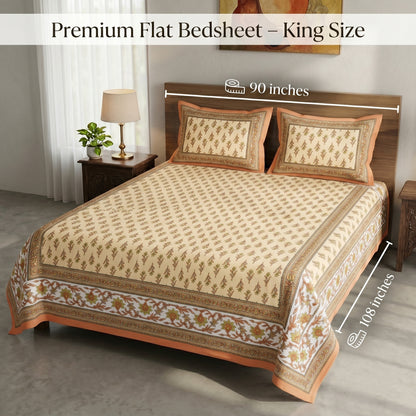 Heritage 144 TC 100% Cotton Queen Size Jaipuri Printed Bedsheet (90 x 108 Inches) | Copper Orange