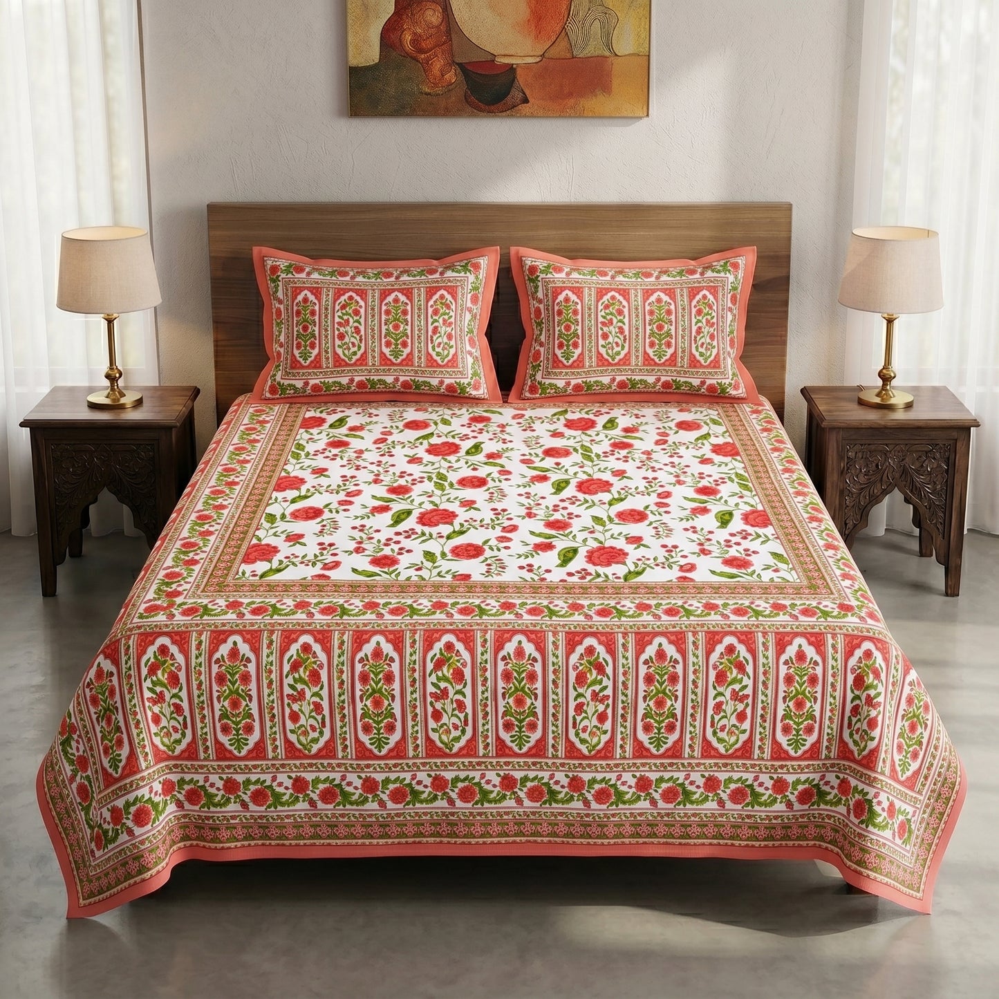 Heritage 144 TC 100% Cotton Queen Size Jaipuri Bedsheet (90 x 108 Inches) | Color Burst