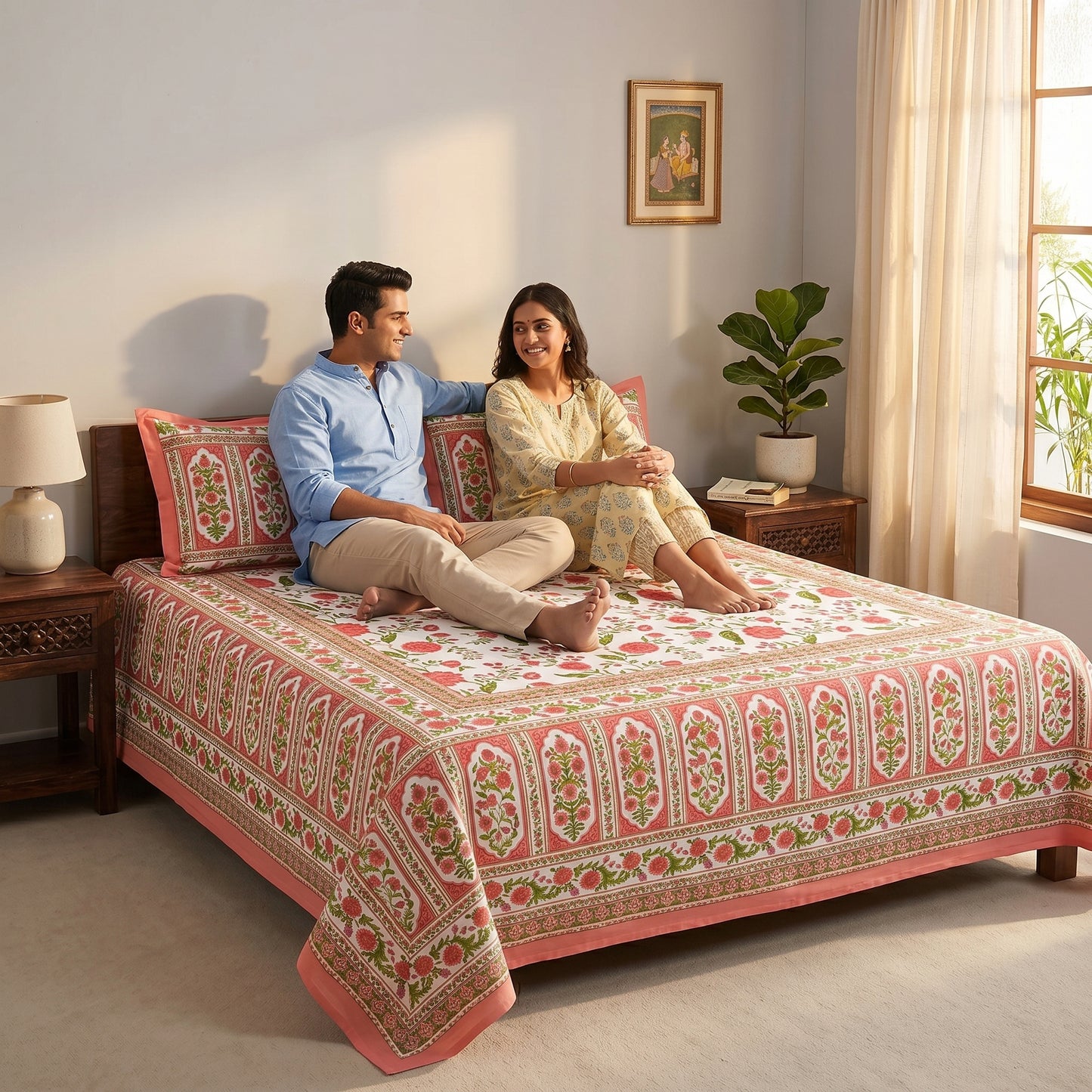 Heritage 144 TC 100% Cotton Queen Size Jaipuri Bedsheet (90 x 108 Inches) | Color Burst