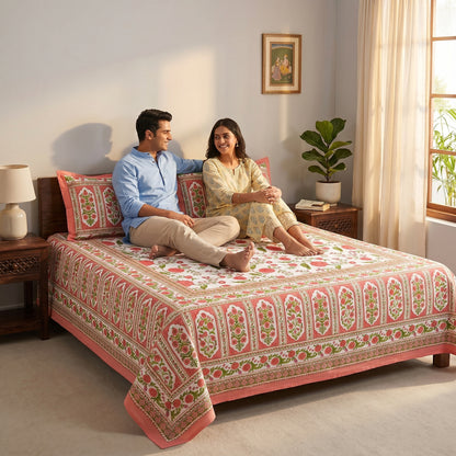 Heritage 144 TC 100% Cotton Queen Size Jaipuri Bedsheet (90 x 108 Inches) | Color Burst