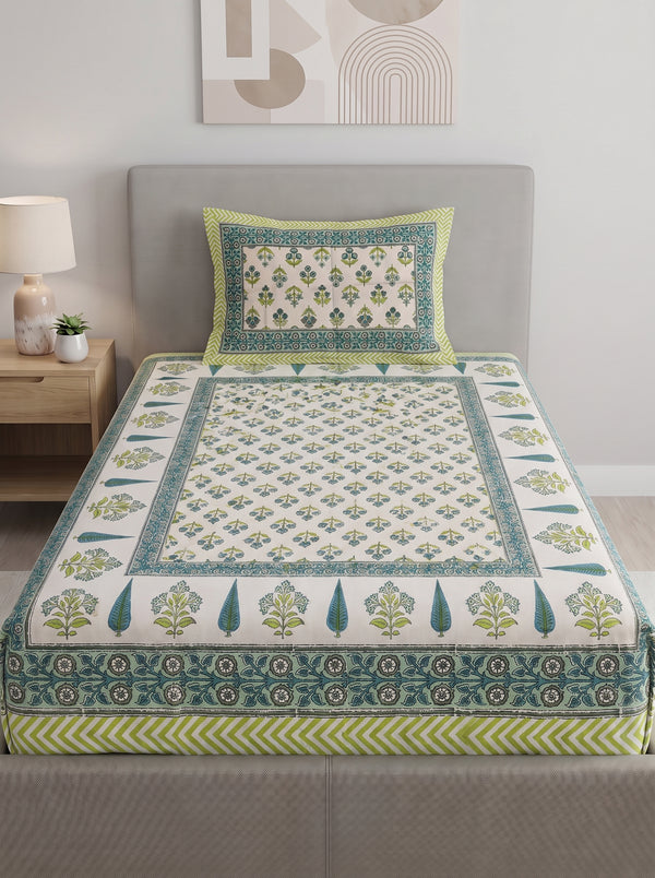 Heritage 144 TC 100% Cotton Single Size Bedsheet (90 x 60 Inches) | Pista Green