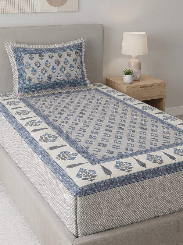 Heritage 144 TC 100% Cotton Single Size Jaipuri Bedsheet (90 x 60 Inches) with Pillow Cover | Light Blue