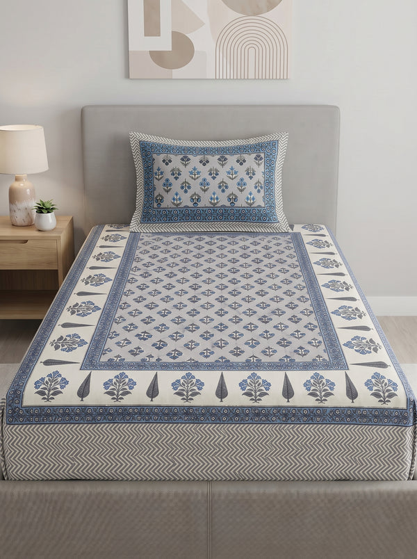 Heritage 144 TC 100% Cotton Single Size Jaipuri Bedsheet (90 x 60 Inches) with Pillow Cover | Light Blue