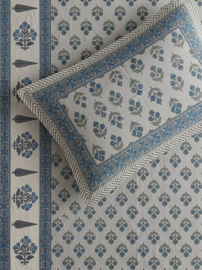 Heritage 144 TC 100% Cotton Single Size Jaipuri Bedsheet (90 x 60 Inches) with Pillow Cover | Light Blue
