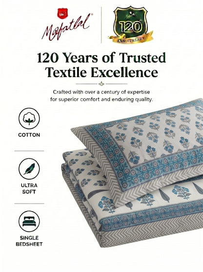 Heritage 144 TC 100% Cotton Single Size Jaipuri Bedsheet (90 x 60 Inches) with Pillow Cover | Light Blue
