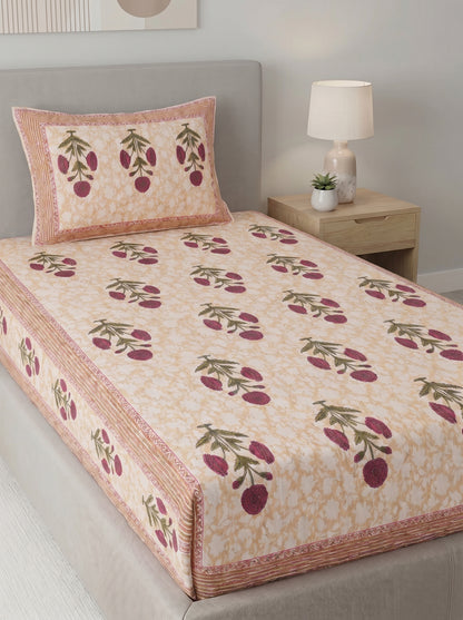 Heritage 144 TC 100% Cotton Single Size Floral Bedsheet (90 x 60 Inches) | Cream