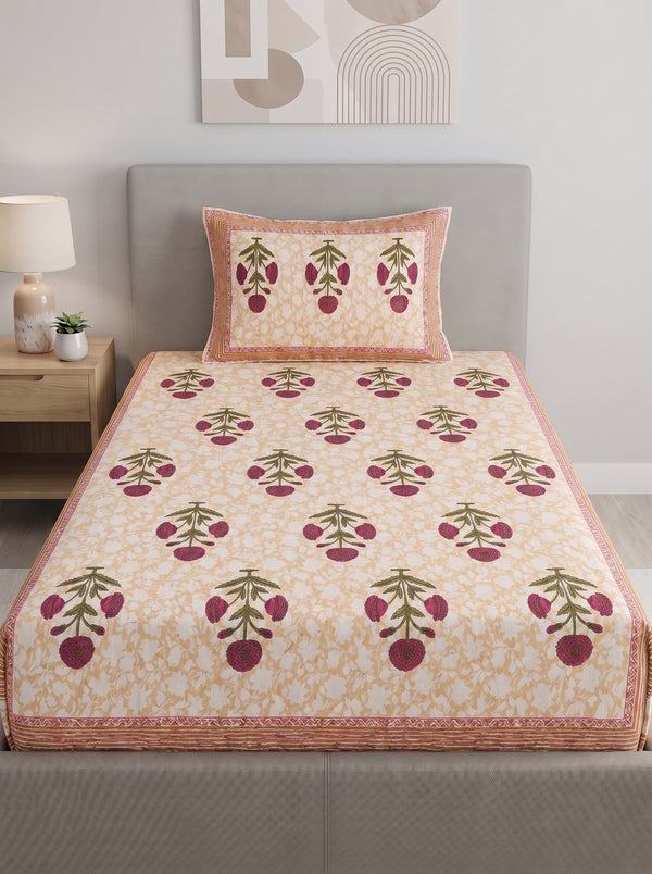 Heritage 144 TC 100% Cotton Single Size Floral Bedsheet (90 x 60 Inches) | Cream