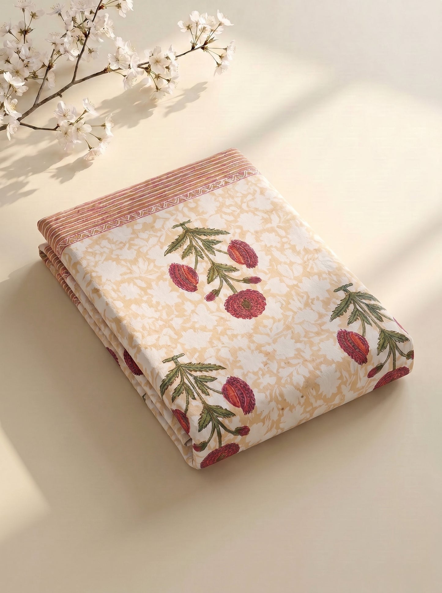 Heritage 144 TC 100% Cotton Single Size Floral Bedsheet (90 x 60 Inches) | Cream
