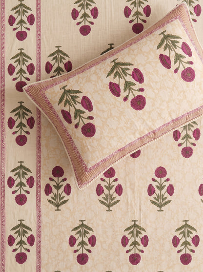 Heritage 144 TC 100% Cotton Single Size Floral Bedsheet (90 x 60 Inches) | Cream