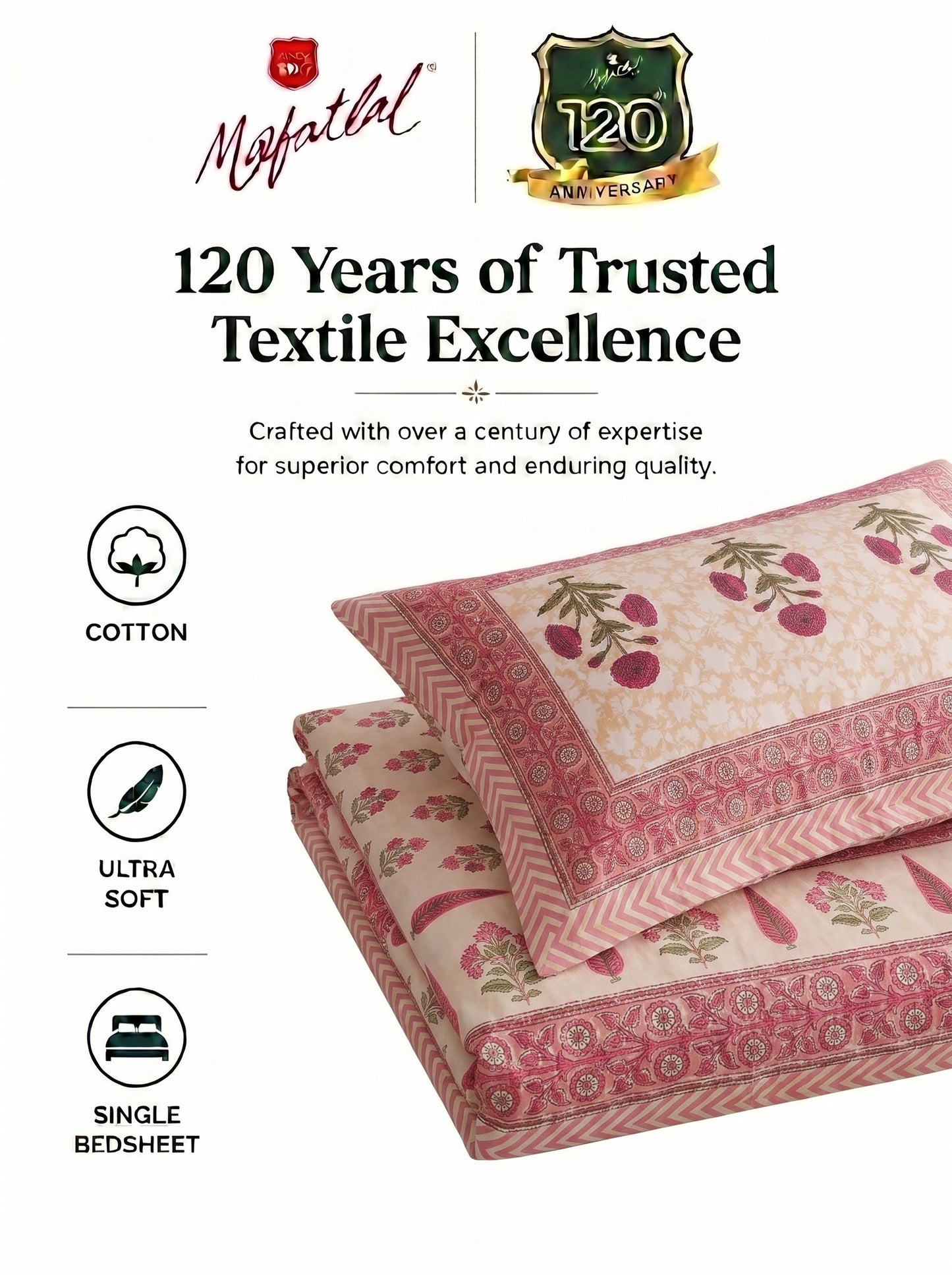 Heritage 144 TC 100% Cotton Single Size Floral Bedsheet (90 x 60 Inches) | Cream