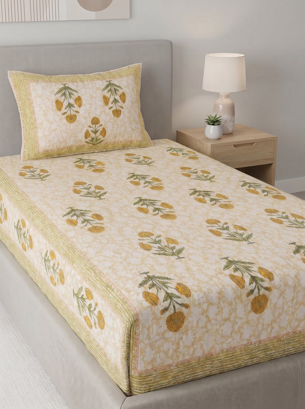 Heritage 144 TC 100% Cotton Single Size Bedsheet (90 x 60 Inches)  | Light Yellow