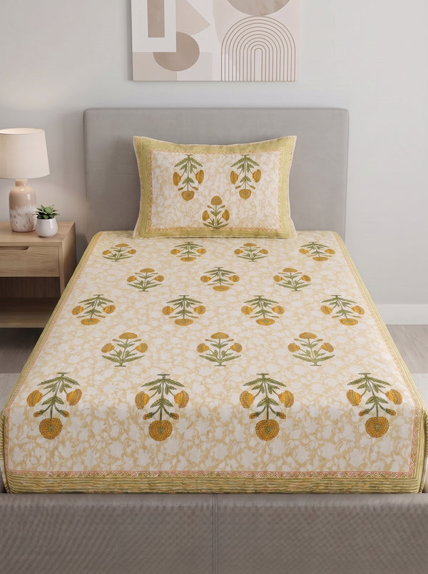 Heritage 144 TC 100% Cotton Single Size Bedsheet (90 x 60 Inches)  | Light Yellow