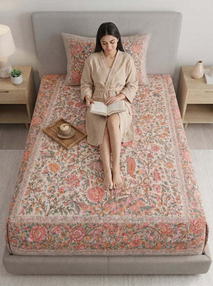 Heritage 144 TC 100% Cotton Single Size Jaipuri Printed Bedsheet (90 x 60 Inches) | Flesh Pink