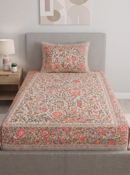 Heritage 144 TC 100% Cotton Single Size Jaipuri Printed Bedsheet (90 x 60 Inches) | Flesh Pink