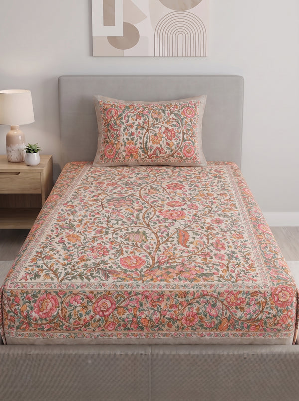 Heritage 144 TC 100% Cotton Single Size Jaipuri Printed Bedsheet (90 x 60 Inches) | Flesh Pink
