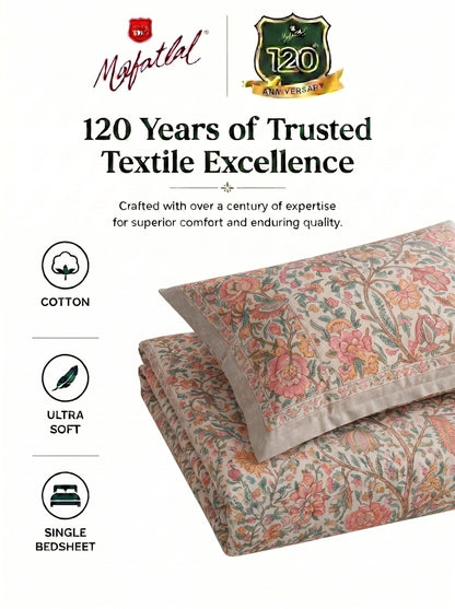 Heritage 144 TC 100% Cotton Single Size Jaipuri Printed Bedsheet (90 x 60 Inches) | Flesh Pink