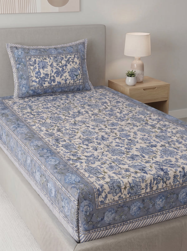 Heritage 144 TC 100% Cotton Single Size Bedsheet (90 x 60 Inches) | Prime Blue
