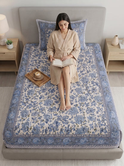 Heritage 144 TC 100% Cotton Single Size Bedsheet (90 x 60 Inches) | Prime Blue
