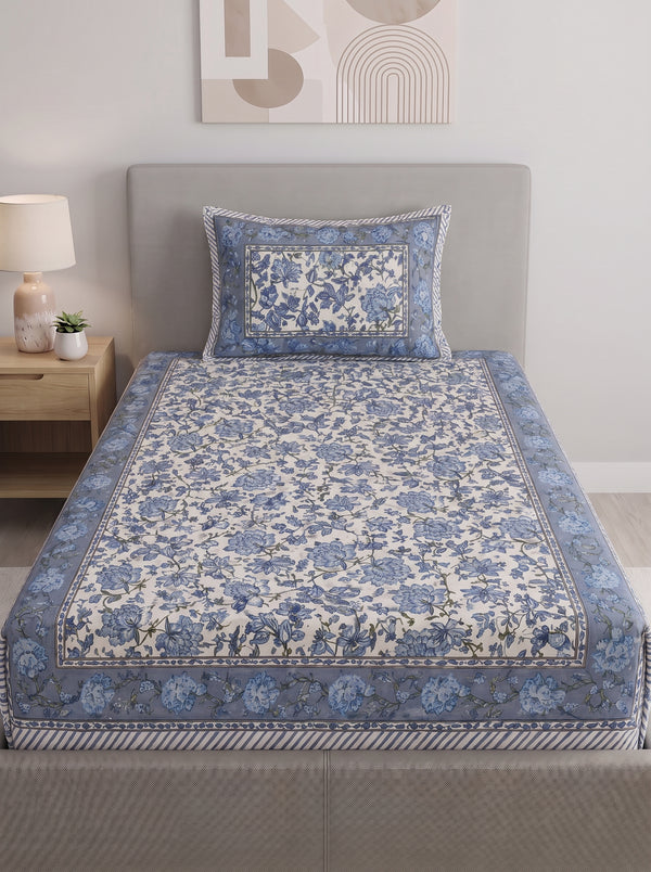 Heritage 144 TC 100% Cotton Single Size Bedsheet (90 x 60 Inches) | Prime Blue