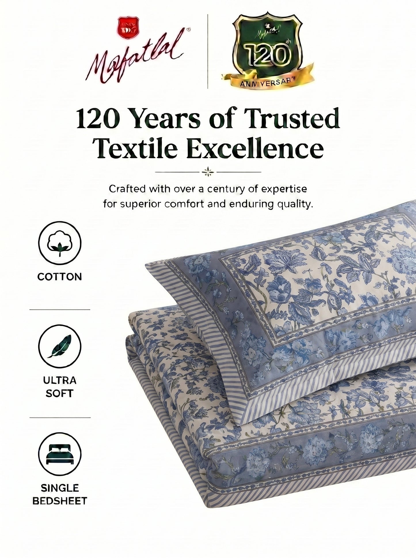 Heritage 144 TC 100% Cotton Single Size Bedsheet (90 x 60 Inches) | Prime Blue