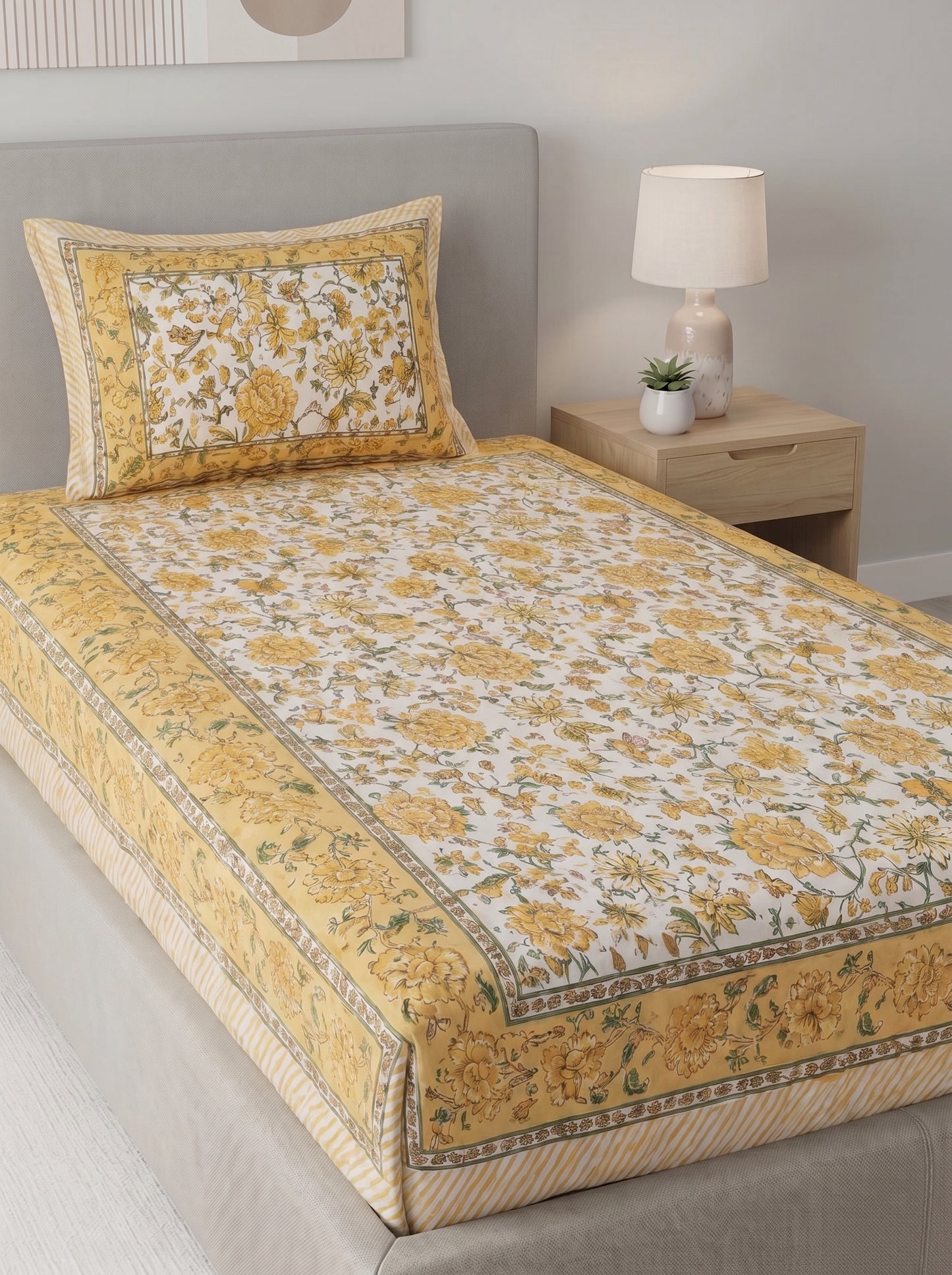 Heritage 144 TC 100% Cotton Single Size Jaipuri Bedsheet (90 x 60 Inches) | Lemon Yellow