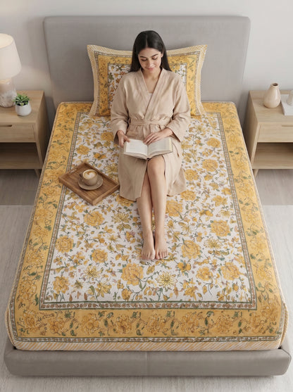 Heritage 144 TC 100% Cotton Single Size Jaipuri Bedsheet (90 x 60 Inches) | Lemon Yellow